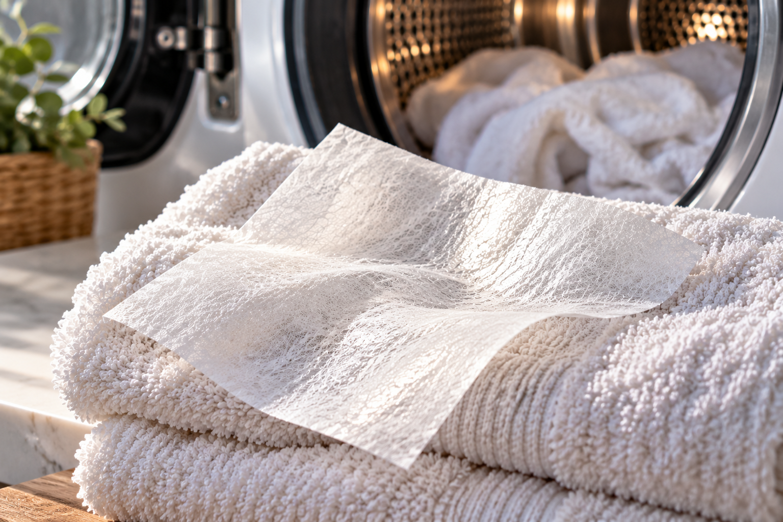 Dryer lint screen coated with residue from conventional dryer sheets beside an open clothes dryer.
