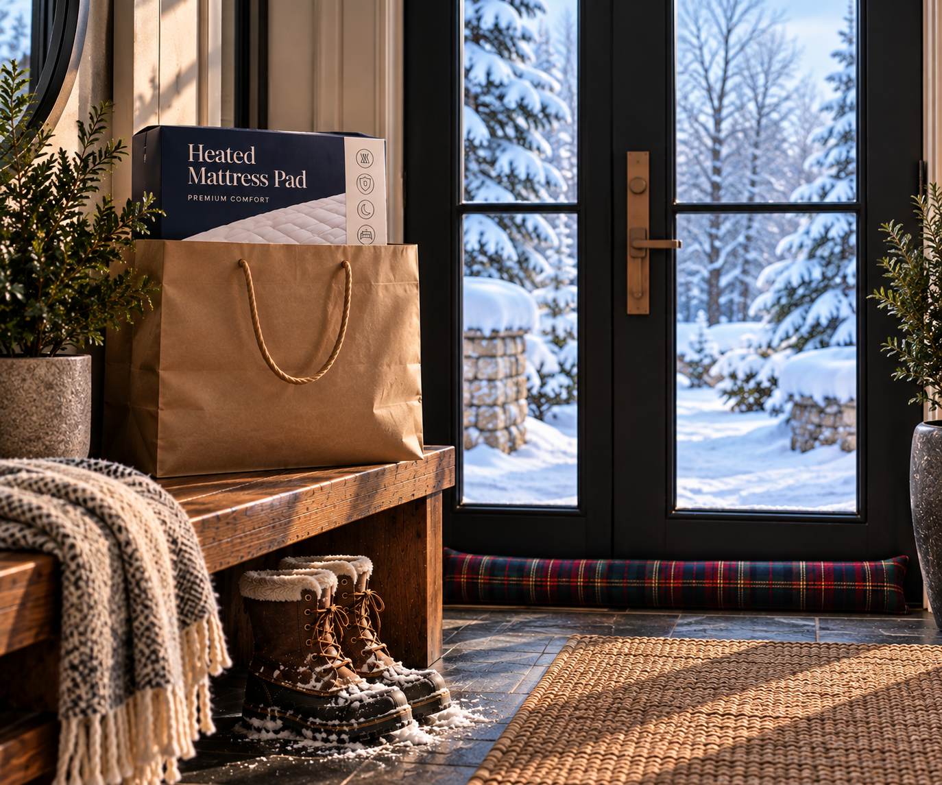 Snowy winter entryway with a heated mattress pad, draft stopper and snow-covered boots by the front door.