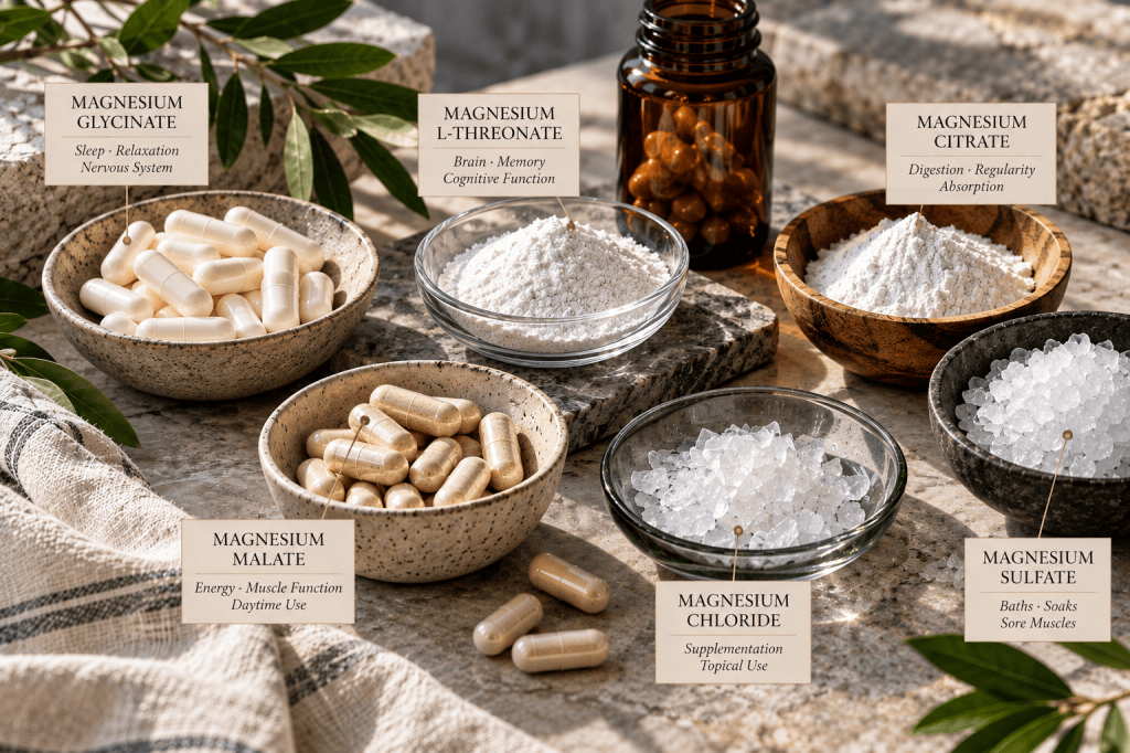 Six common forms of magnesium including glycinate, L-threonate, citrate, malate, chloride and sulfate with their primary uses.