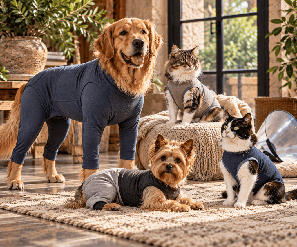 Dogs and cats wearing different styles of pet recovery suits, including full-body, rear-leg and sleeveless designs, with a traditional recovery cone nearby.