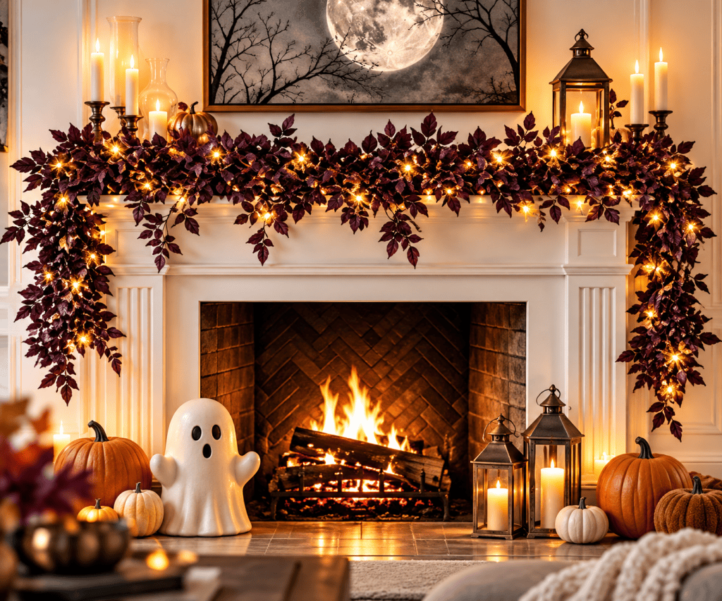 Layer It: Layered purple fall garland with warm lights decorating a fireplace mantel for autumn.