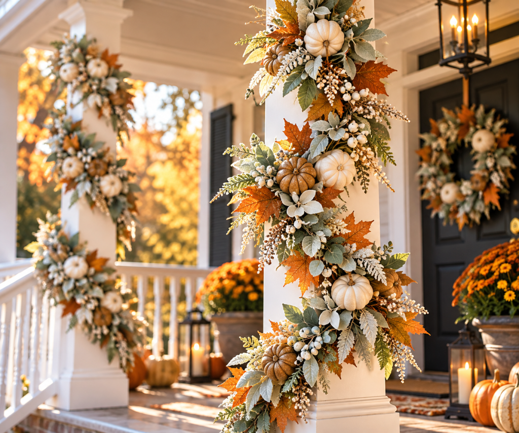 Wrap It: Fall garland with pumpkins, eucalyptus and autumn leaves wrapped around front porch columns.