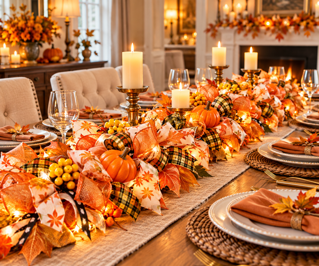 Run It: Fall garland with pumpkins, ribbon and lights running down the center of an autumn dining table