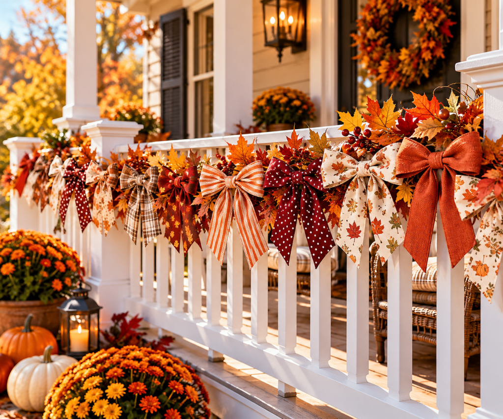 Frame It: Fall bow garland in autumn colors decorating an outdoor porch railing.