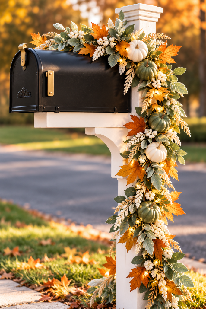 Dress It: Fall garland with eucalyptus, pumpkins and autumn leaves wrapped around a mailbox post.