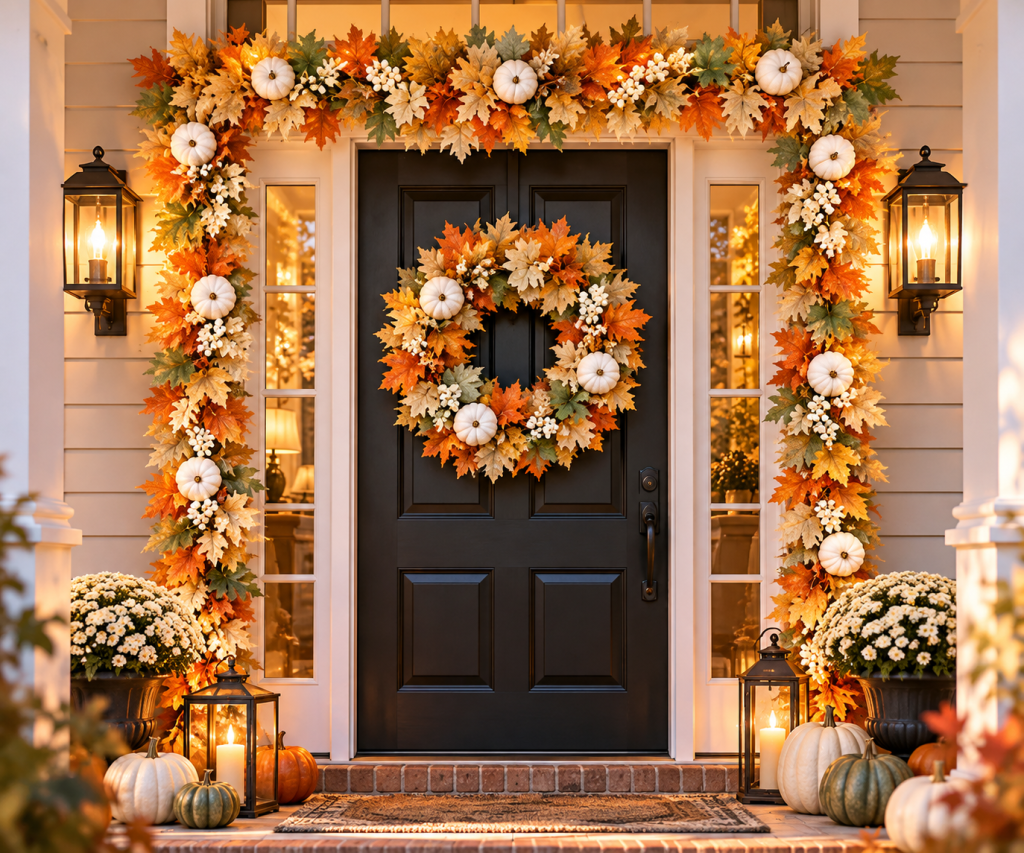Elevate It: Fall leaf and pumpkin garland framing a front doorway for autumn.