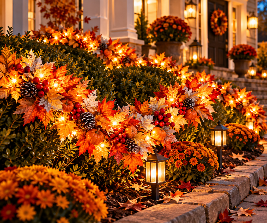 Light It: Lighted fall leaf garland woven through outdoor shrubs and landscaping for autumn.