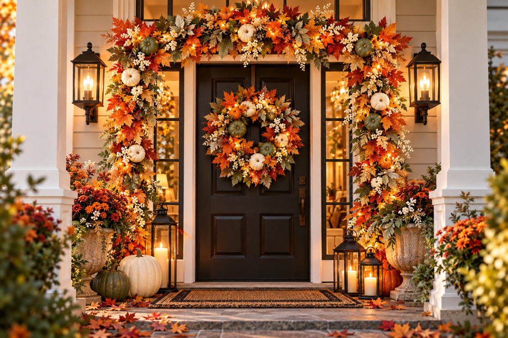 Fall garland with vibrant autumn leaves, pumpkins and warm lights framing an elegant black front door and entryway.