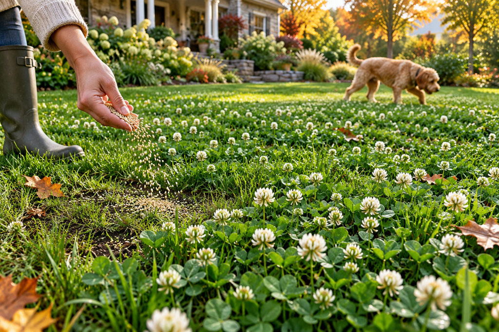 White clover seed being scattered into a lush grass and clover lawn in fall, with a dog walking across the yard.