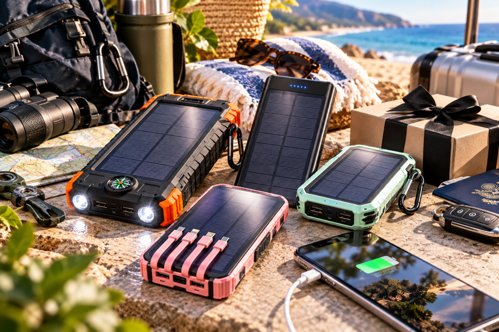 Solar power banks in rugged, sleek and colorful styles with built-in cables and emergency lights, shown with travel, beach and outdoor gear.