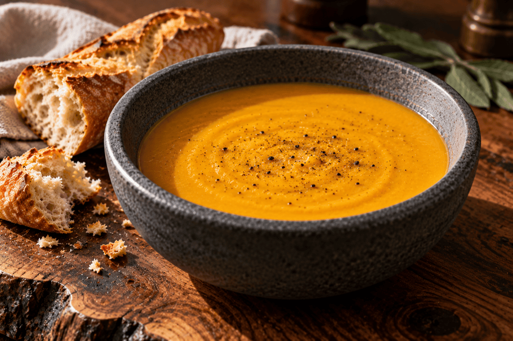 Creamy roasted butternut squash, apple and sage soup in a dark gray stoneware bowl with crusty baguette on a live-edge wood table.