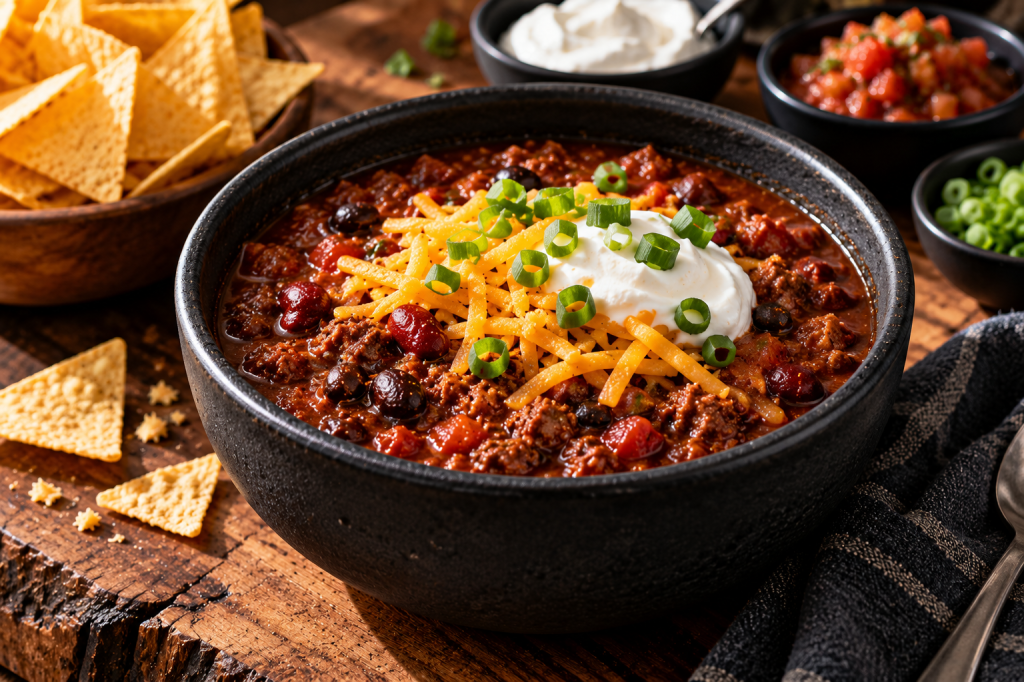 ADHD-friendly slow cooker chili with beef, beans and tomatoes in a black stone bowl, served with sour cream, cheddar, green onions, salsa and tortilla chips.
