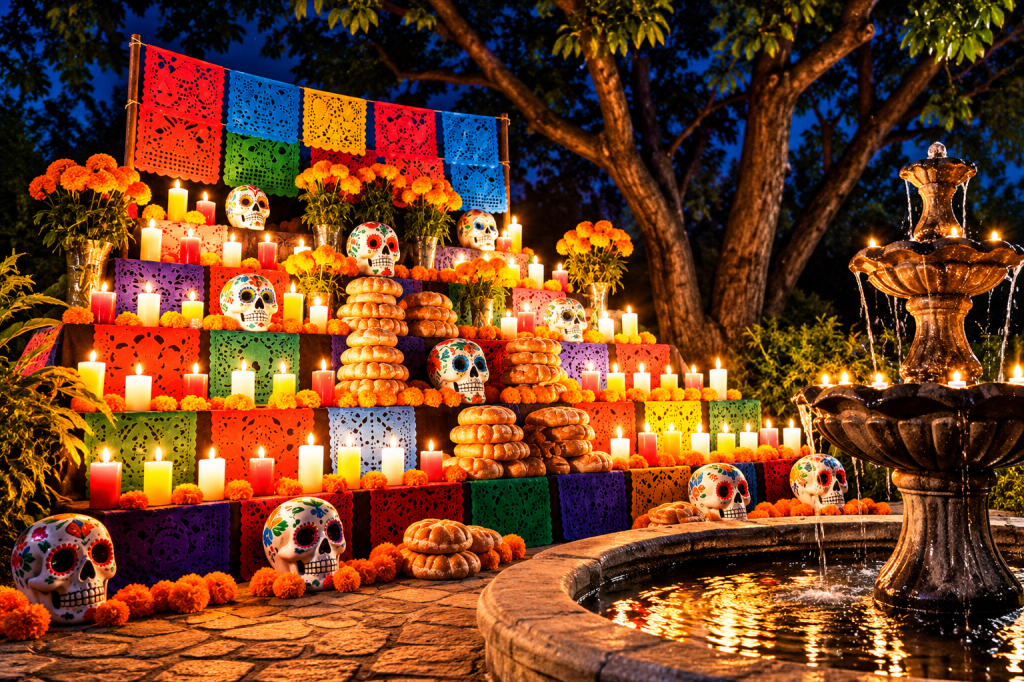 Colorful Día de los Muertos ofrenda illuminated by candles with marigolds, papel picado, decorated sugar skulls, pan de muerto and a glowing garden fountain.
