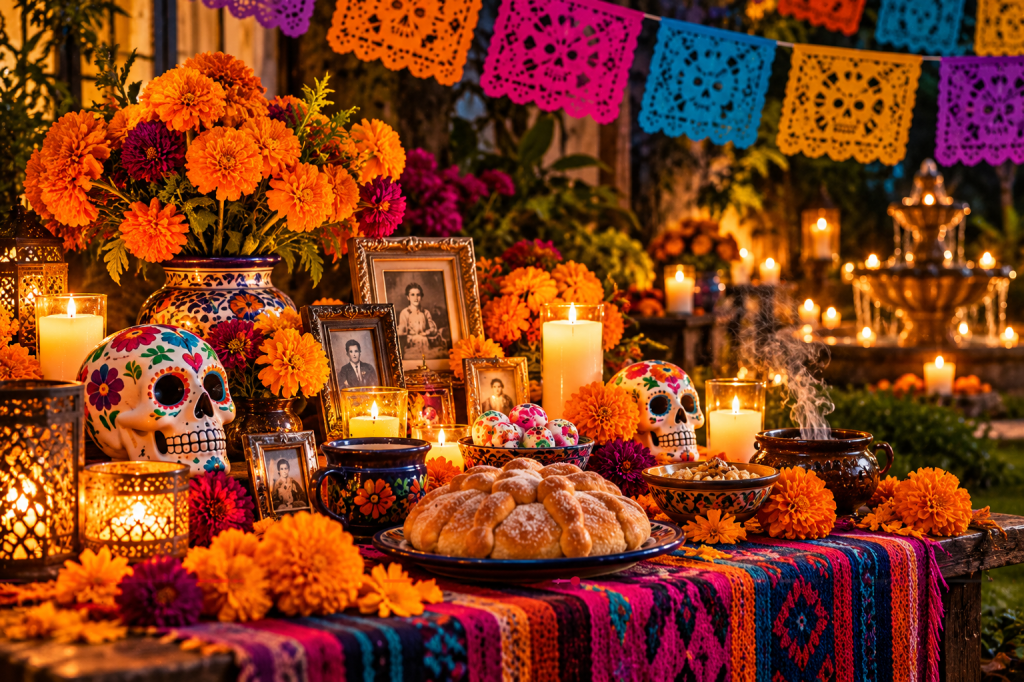 Día de los Muertos ofrenda with marigolds, candles, family photographs, papel picado, decorated calaveras and pan de muerto.
