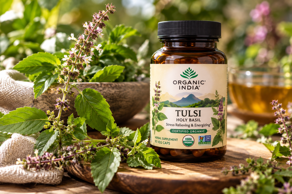 Organic India Tulsi Holy Basil supplement with fresh holy basil leaves