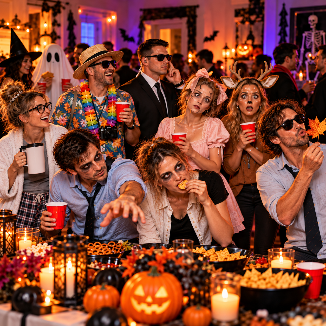 Adults at a Halloween party wearing easy DIY costumes, including a Secret Service agent, annoying tourist, broken porcelain doll, deer in headlights, zombie, work-from-home outfit, and leaf blower costume.