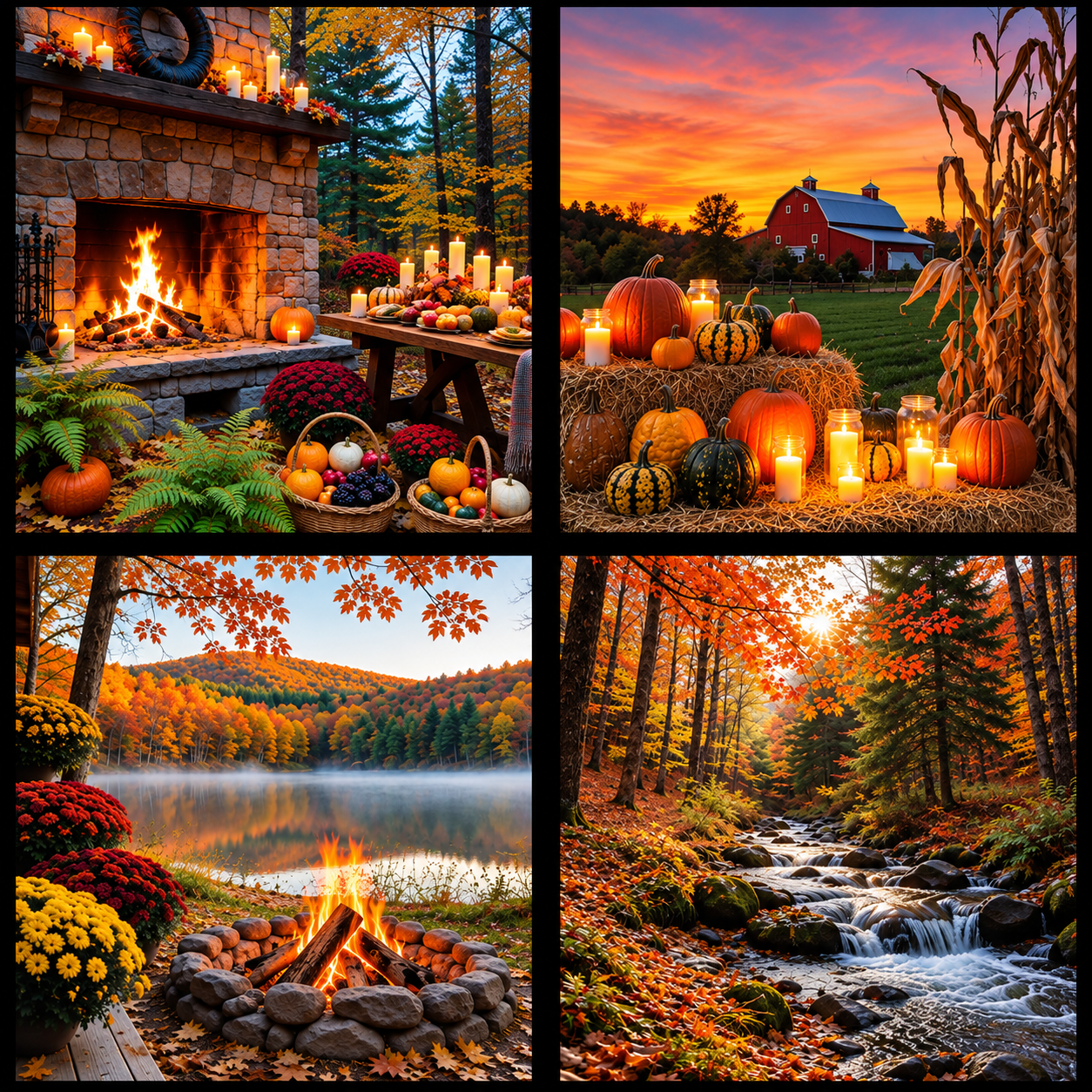 Fall ambience collage featuring a glowing outdoor fireplace, autumn farm at sunset, lakeside campfire and colorful forest stream.