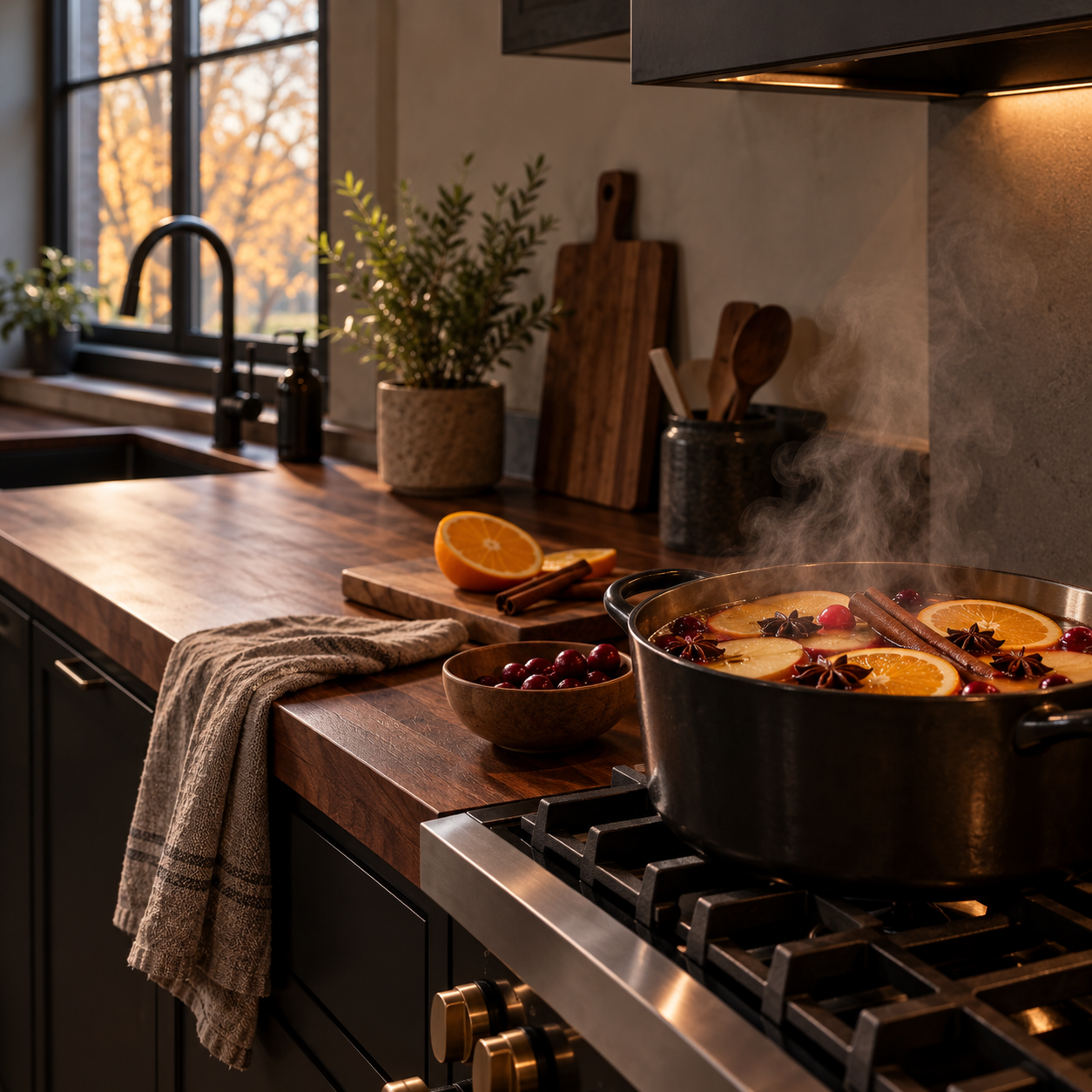 Fall simmer pot recipes featuring orange slices, cranberries, cinnamon sticks, and star anise gently simmering on the stove in a warm, modern kitchen.