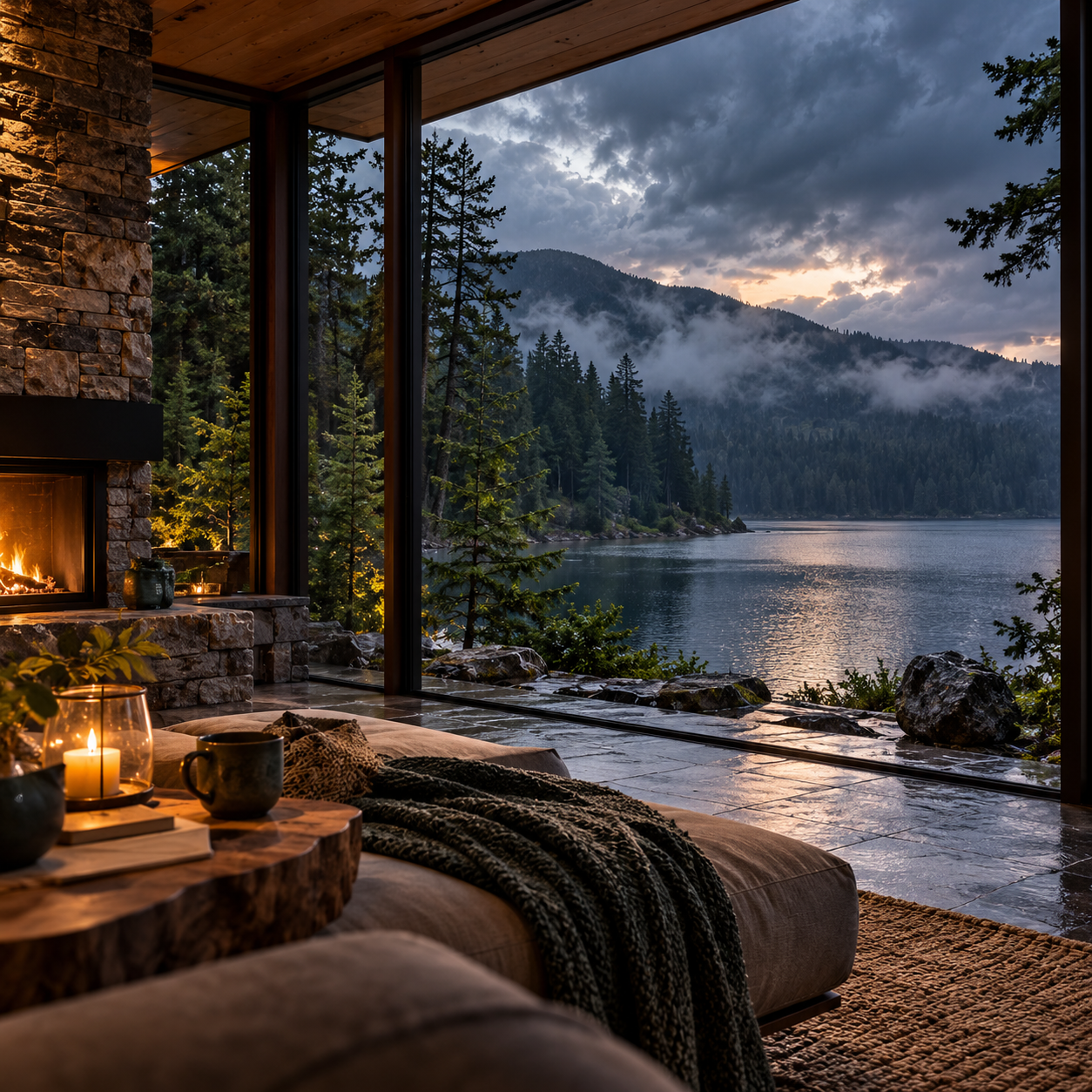 Relaxing nature sounds inspired by a peaceful lakeside retreat, featuring a modern stone fireplace, panoramic forest and mountain views, and mist drifting over a tranquil lake at dusk.