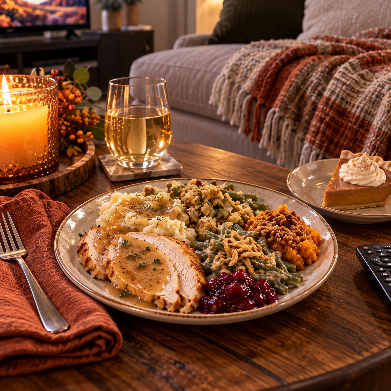Thanksgiving dinner for two or one, featuring a traditional turkey dinner with mashed potatoes, stuffing, green bean casserole, sweet potatoes, and cranberry sauce on a coffee table in a cozy living room.
