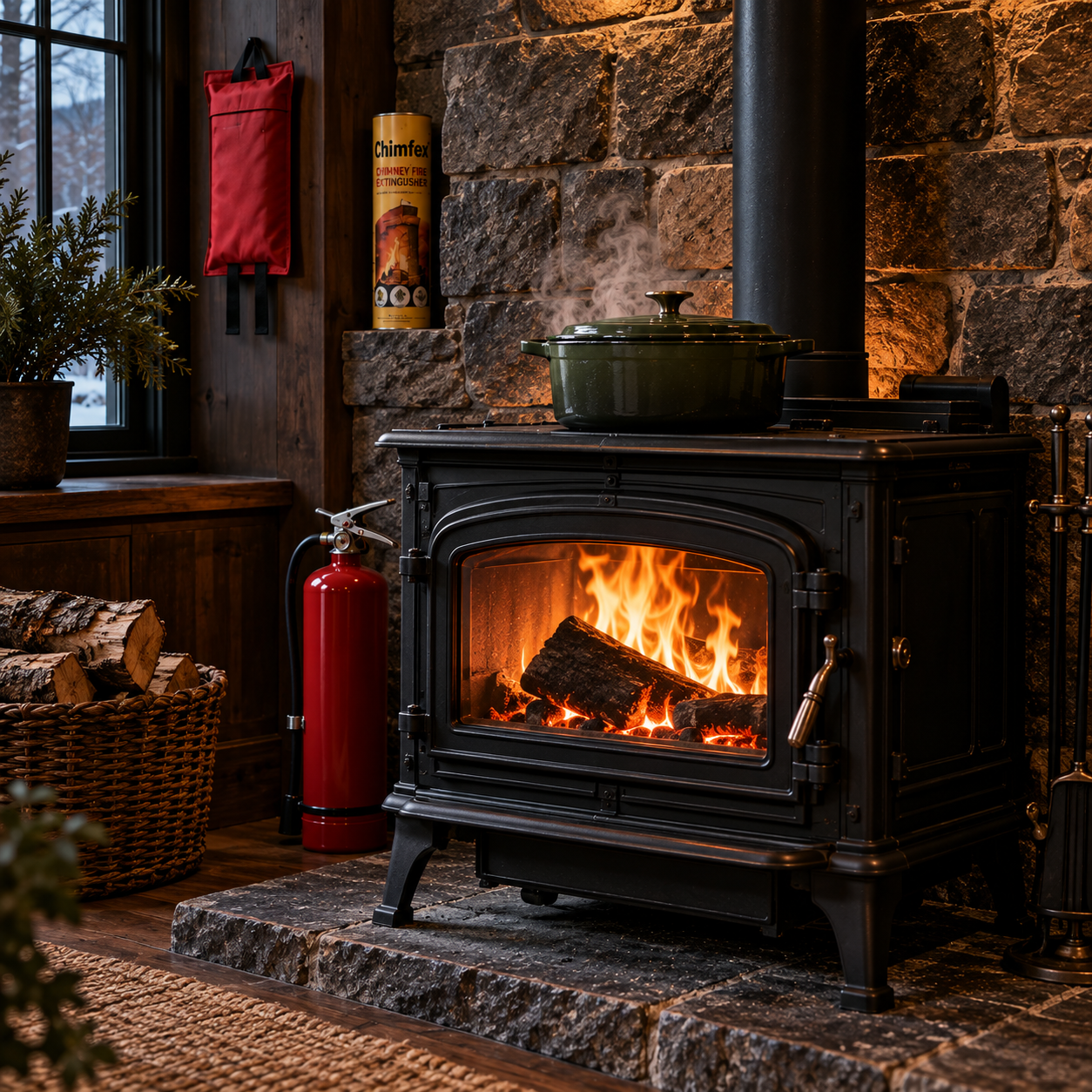 Home fire safety products including a chimney flare, fire blanket, and fire extinguisher arranged near a black cast-iron wood stove with a simmering Dutch oven.