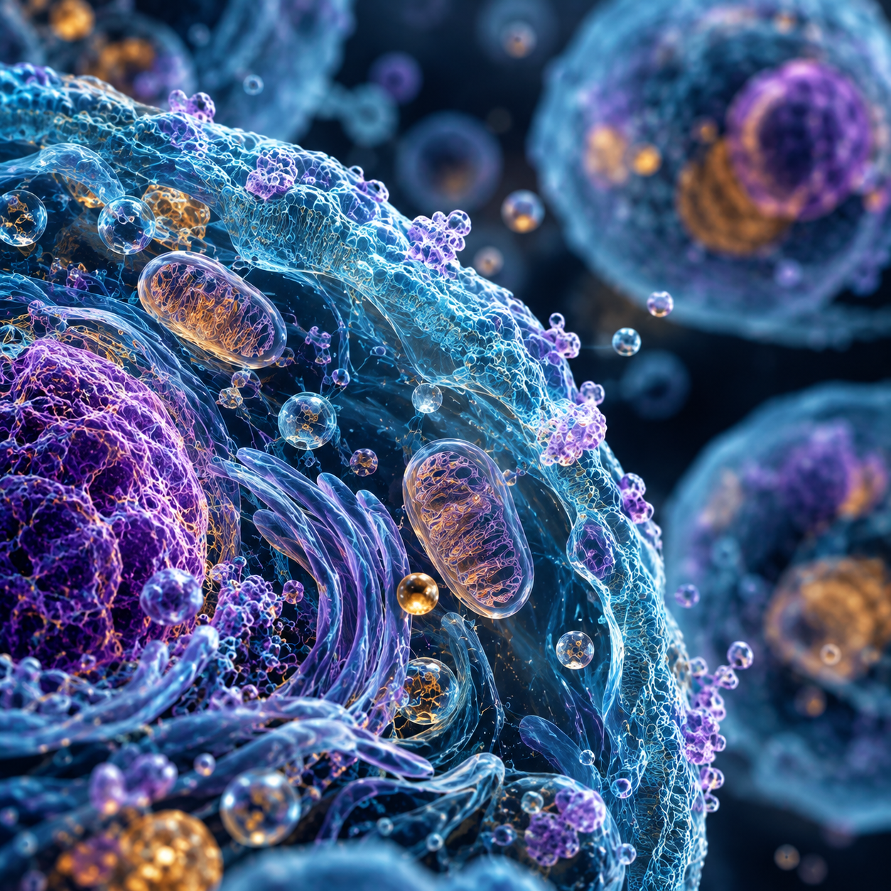 Scientific illustration representing the health benefits of luteolin, featuring a detailed human cell with a translucent membrane, nucleus, mitochondria, and other cellular structures.