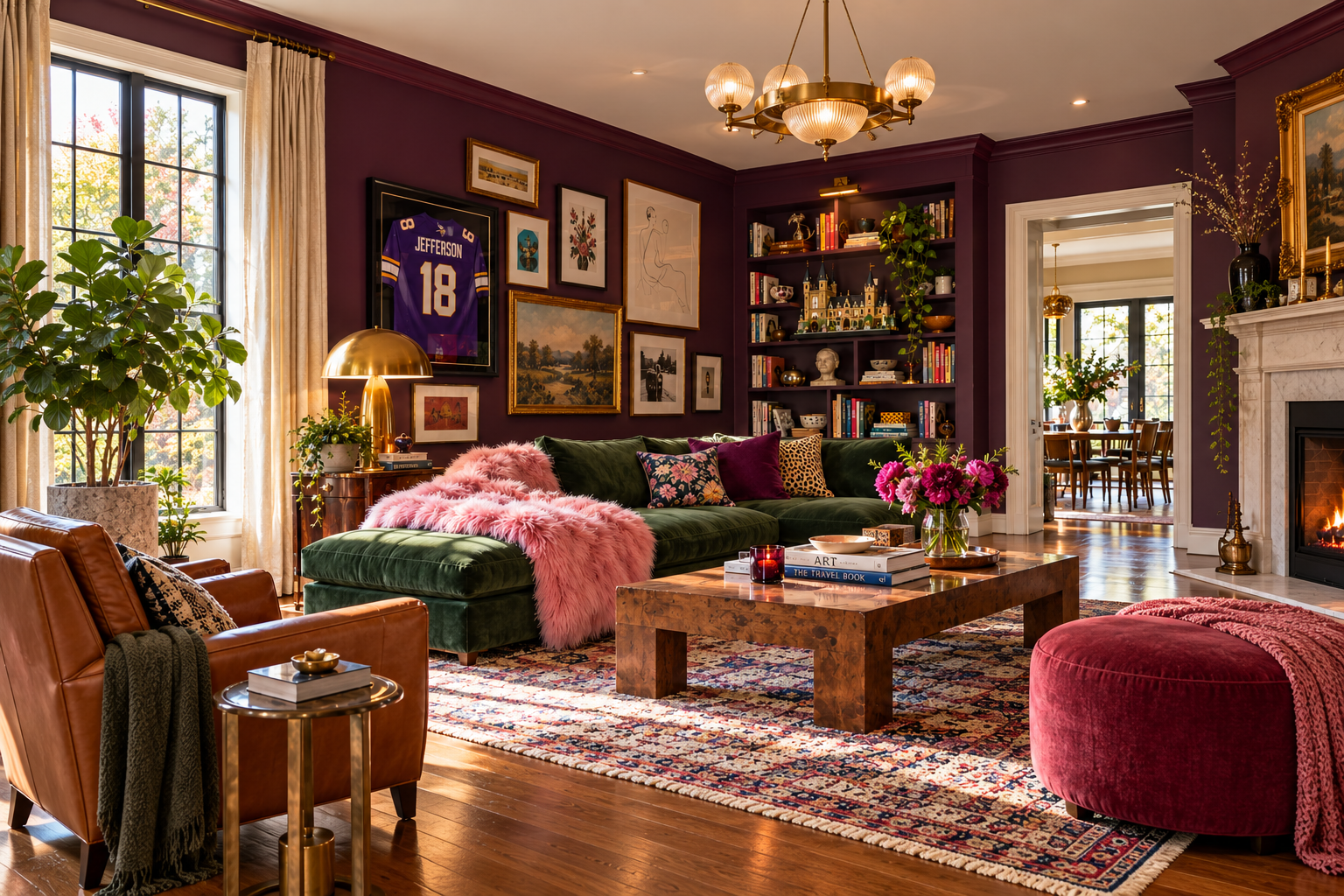 Eclectic dopamine decor living room with plum walls, a green velvet sofa, pink faux-fur throw, framed football jersey, colorful art and personal collections.