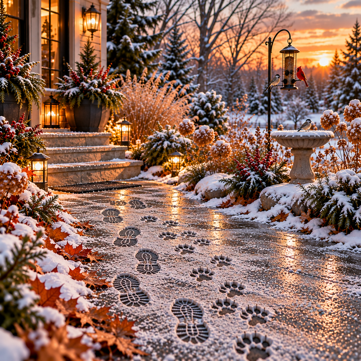 Snow-dusted winter walkway with human and dog footprints, fallen leaves, a bird feeder and birdbath beside a home.