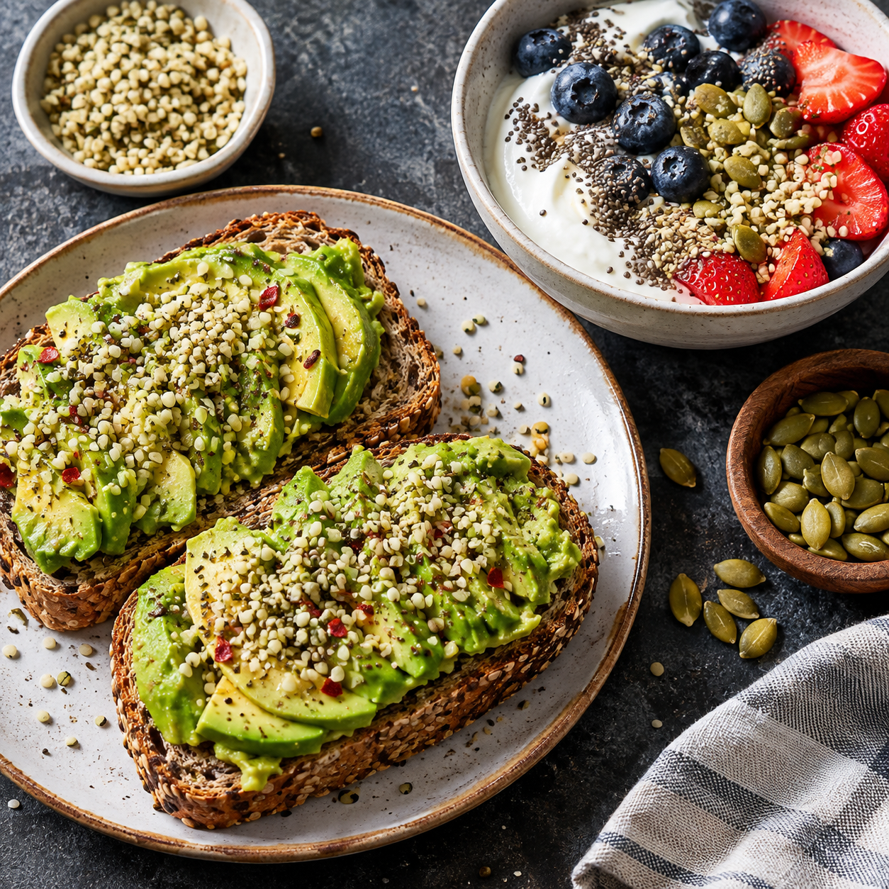 Avocado toast topped with hemp hearts alongside Greek yogurt with berries, chia seeds, and pumpkin seeds, illustrating how to add more protein to your diet.